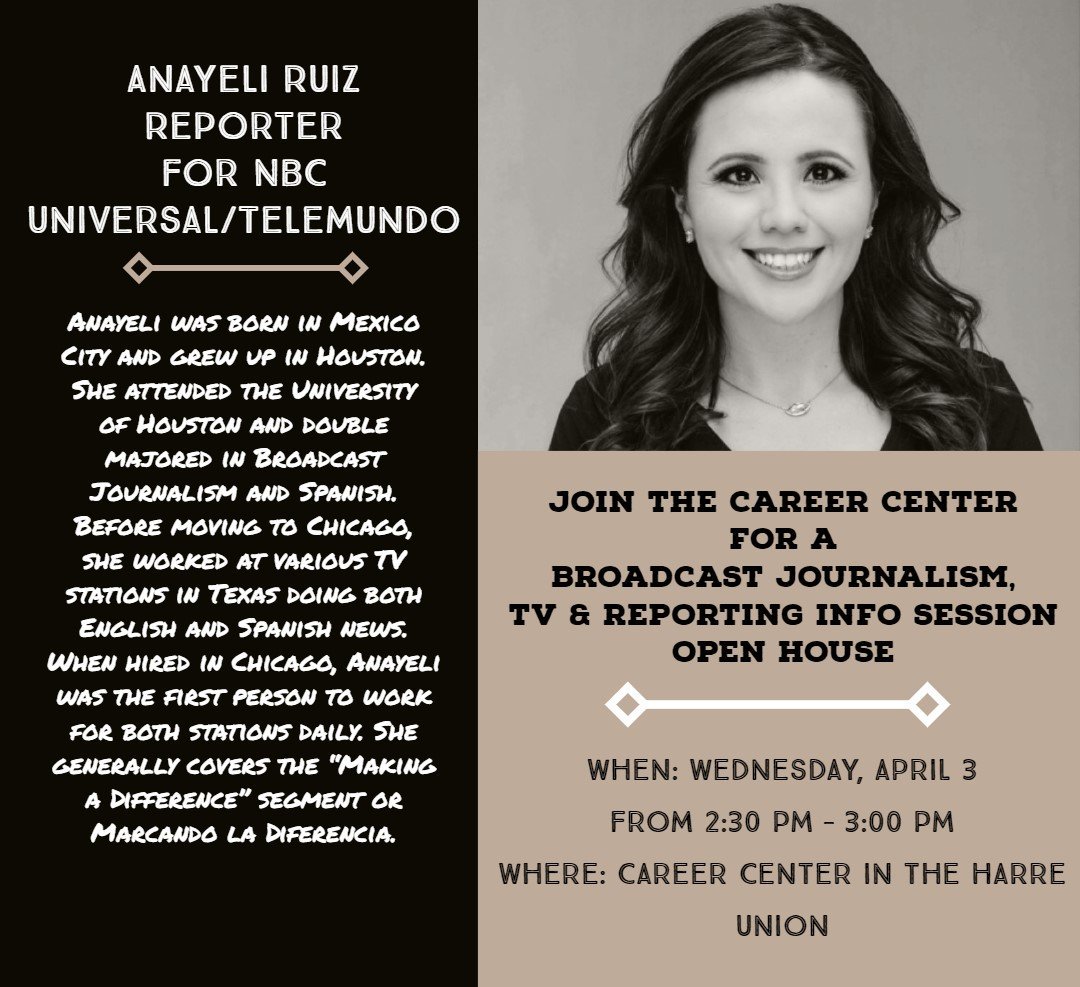 ValpoCVA's tweet photo. REMINDER: The @valpocareers is hosting a Broadcasting, TV, &amp; Reporting Open House with @nbcchicago Universal/Telemundo anchor, @AnayeliNews from 2:30-3:00 PM TODAY! Stop by and check it out!

#valpodeptofcomm https://t.co/L86d4ahOJ7
