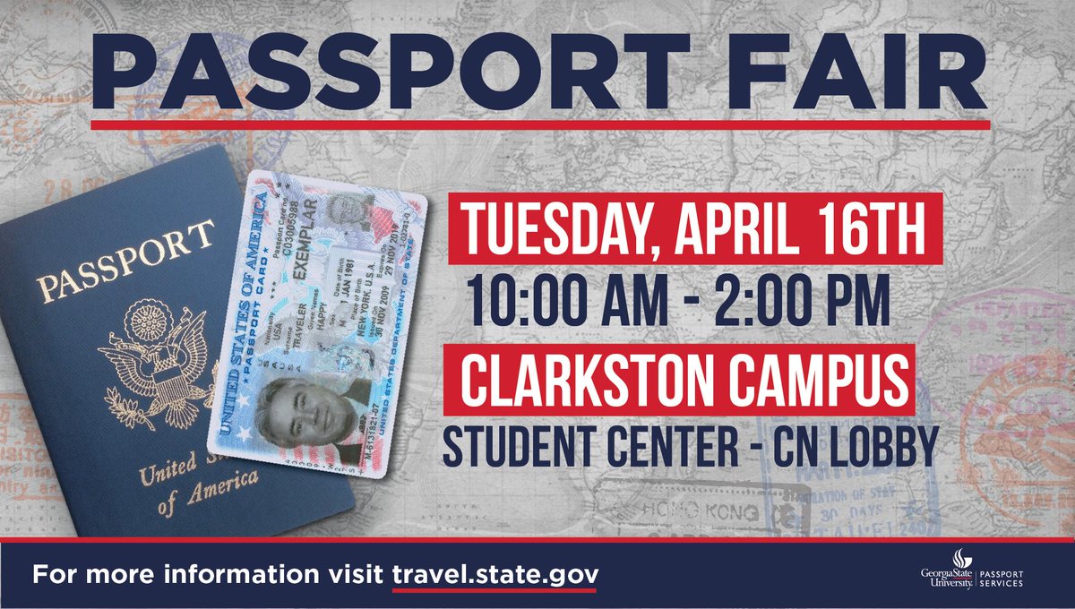 gsuvending's tweet photo. Apply for your passport at the Clarkston Passport Fair on Tuesday, April 16 from 9 a.m. to 2 p.m. Expedited and routine service will be offered. No appointment needed! Photos on site! Make hyperlink to the passport webpage: https://t.co/Y3nBjXgwEc
@GeorgiaStateU @gsucehd @gsuoii https://t.co/zHE7gwvKdg