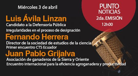 radio_pichincha's tweet photo. 📌#Agéndalo | Estos son nuestros invitados de este miércoles 3 de abril en la segunda emisión de 🎙#PuntoNoticias. Te esperamos a partir de las 12h00 por la 📻95.3FM #Quito - 94.5FM Noroccidente de #Pichincha y 📲https://t.co/0twQ73URUh https://t.co/weXQIgxqWk