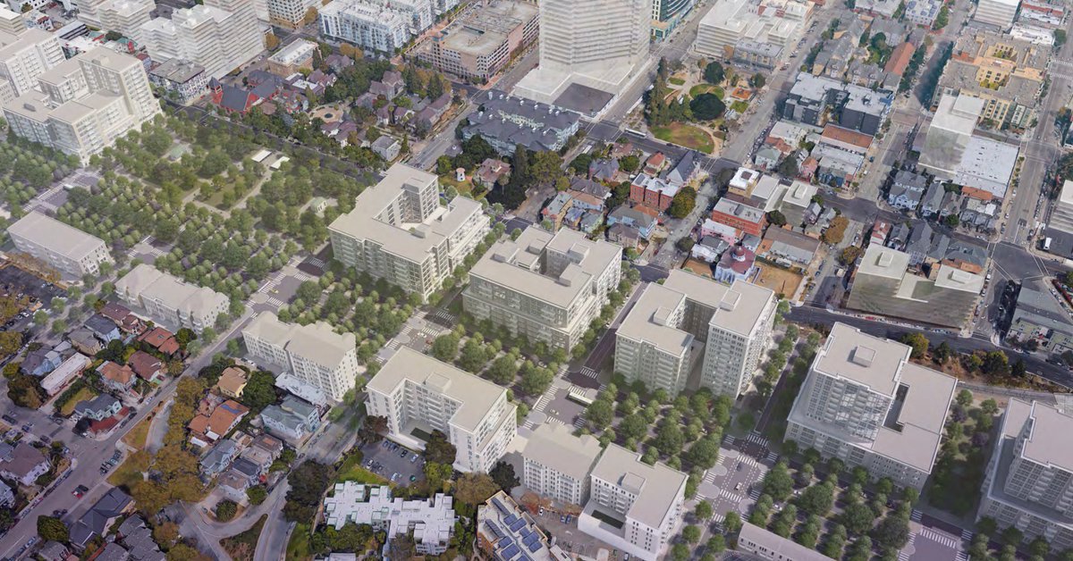 connectOAKLAND's tweet photo. Transform I-980! The Downtown Oakland Preliminary Draft estimates nearly 5,000 units of new housing (based on rendering) while reconnecting West Oakland &amp; Downtown. @Oakland #DowntownOaklandPlan #FreewaysWithoutFutures https://t.co/2hjLX3ofPy