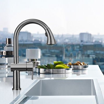 The Waterhaus WHS1971-SK is a solid stainless steel, kitchen faucet with a pull down spray head (Available in Gunmetal, Brass, Brushed Stainless Steel &amp; Copper). Paired with the Noah Collection WHNCM4019 16 gauge, single bowl undermount kitchen sink with an integral drain board.