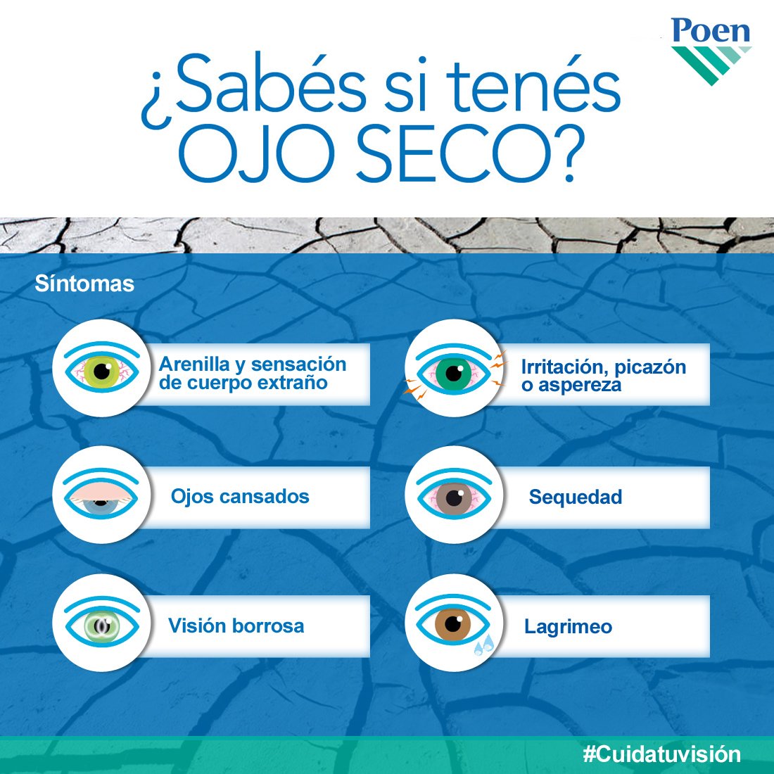 CuidatuVision's tweet photo. El Síndrome de Ojo Seco es una de las afecciones oculares más comunes, afectando al 10-20% de nuestra población, porcentaje que aumenta con la edad. Si presentas uno o más de estos síntomas, no dudes en consultar a tu #Oftalmólogo. #OjoSeco #Cuidatuvisión #Venezuela https://t.co/SoqfvJ05kX