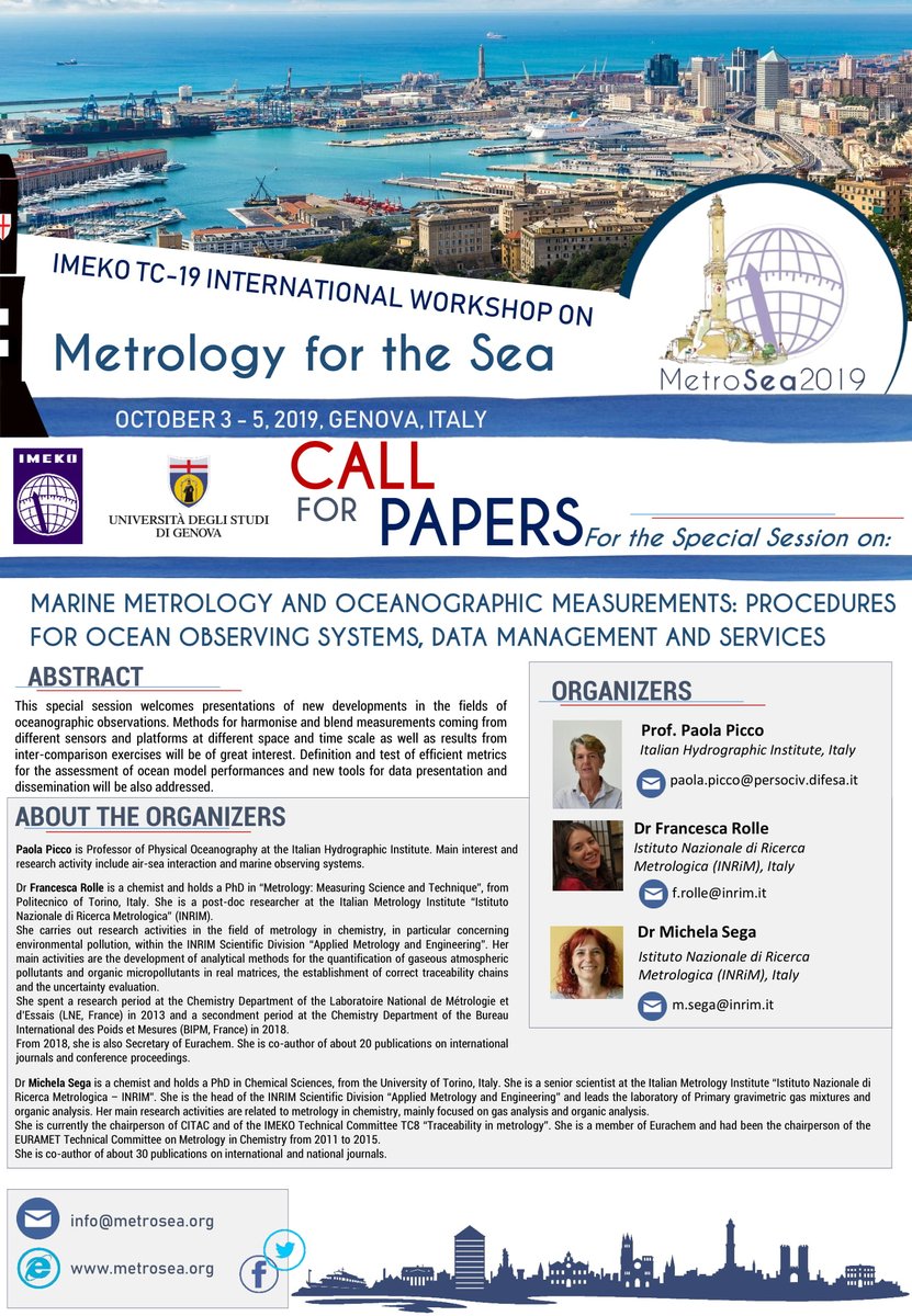 2019 IMEKO TC-19 International Workshop on
Metrology for the Sea
October 3 - 5, 2019, Genova, Italy
More Information Here:
metrosea.org/special-sessio… …

#sea #metrology #sensors #genova2019 #metrosea #workshop #IMEKO