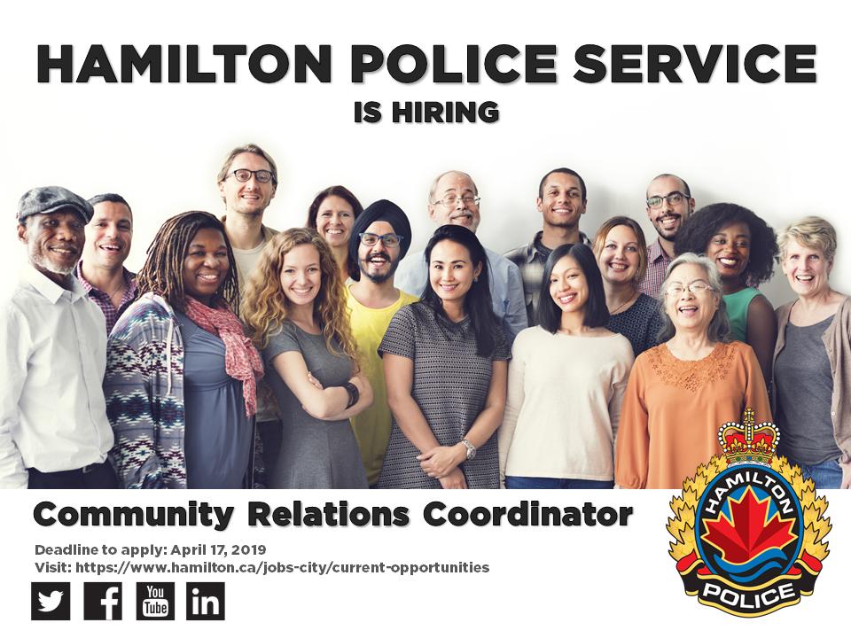 JoinHPS's tweet image. HPS is hiring for a Community Relations Coordinator. We are looking for a passionate, dedicated person who is committed to building relationships between our community partners and the Hamilton Police Service.  
Apply online: lnkd.in/gRDR9f8 by April 17th.
@HamiltonPolice