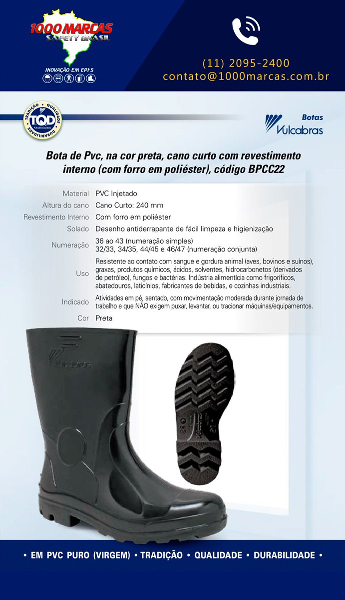 1000Marcas's tweet image. Bota de PVC, na cor preta, cano curto com revestimento interno (com forro em poliéster).
Material: PVC Injetado
Altura do cano: Cano Curto: 240 mm
1000 Marcas Safety Brasil
(11) 2095-2400 | contato@1000marcas.com.br

#botaspvc #botasvulcabras #industrialimenticia #laticinios