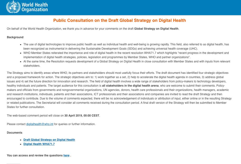 The <a href="/WHO/">World Health Organization (WHO)</a> have launched a Public Consultation on the "Draft Global Strategy on Digital Health" extranet.who.int/dataform/183439 Let's hope it goes further than the 2014 project with <a href="/Bupa/">Bupa</a>, <a href="/IntDiabetesFed/">Int. Diabetes Fed.</a> &amp; <a href="/ITU/">Int’l Telecommunication Union</a> to embed #mHealth in diabetes care (that went nowhere) mhealthinsight.com/2014/02/05/the…