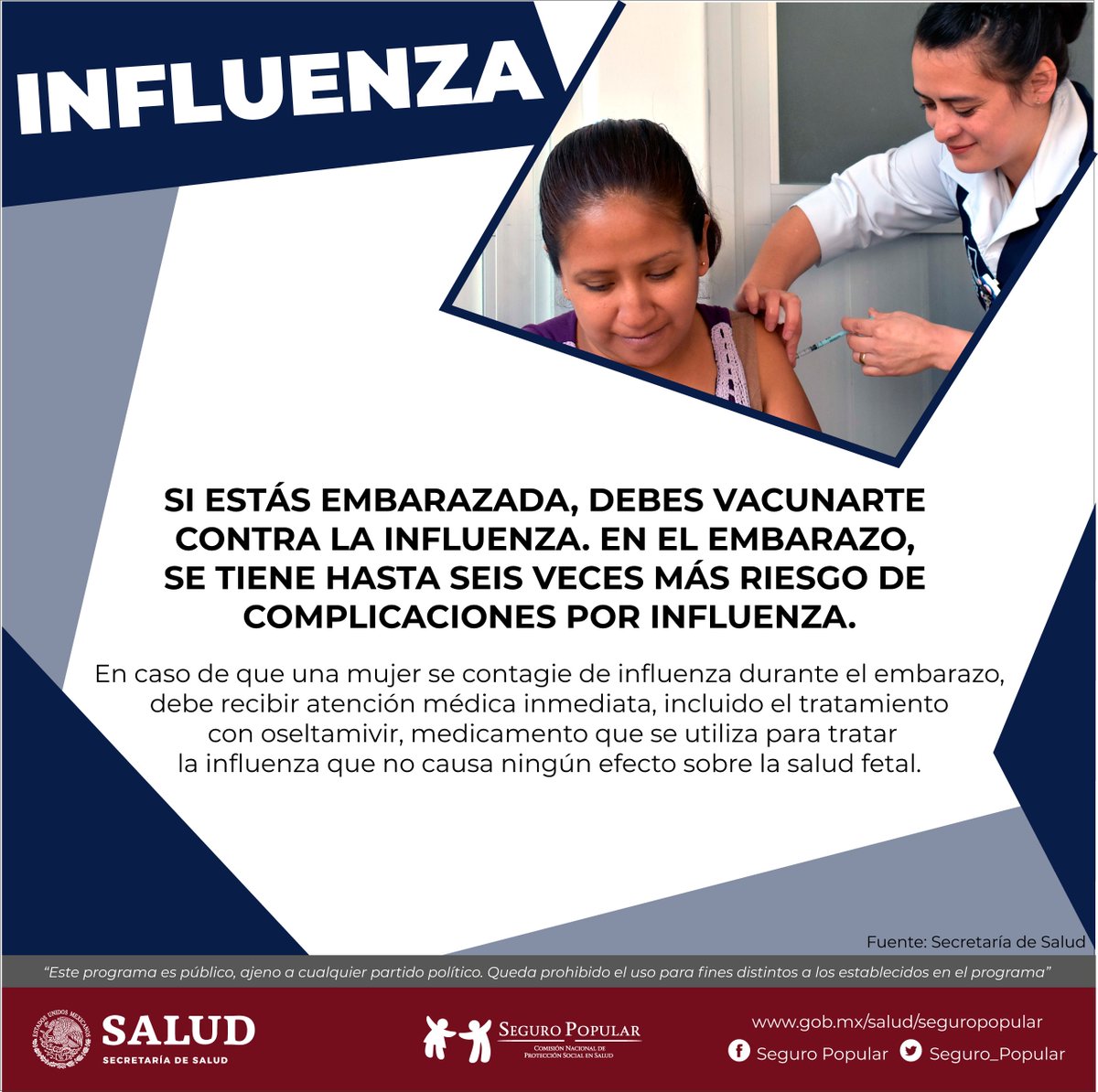 Seguro_Popular's tweet image. Las mujeres embarazadas son un grupo vulnerable para desarrollar complicaciones en caso de #influenza. Si estás embarazada acude a la unidad de salud más cercana para aplicarte la vacuna contra la influenza estacional, es segura y protege tu salud y la de tu bebé. #CNPSS