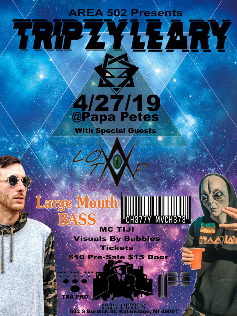 PROTBA's tweet photo. !!New Show!! 
April 27 @TripzyLeary @ Papa Pete’s with @low_tmp @LrgmouthBASS #ChettyMachete &amp; @tijiemerge visuals by #Bubbles
30,000watts of Bass in your face!
18+
$10 Pre Sales
$15 D.O.S. 
Let’s Have Some FUN!
#TripzyLeary #LowTmp #LargeMouthBASS #ChetttMachete #MCTiji #TBAPro https://t.co/3Uy5dSdxzV