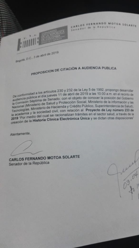 senadormotoa's tweet photo. Como ponente único he radicado proposición para citar en audiencia pública a @MinSaludCol  @MinTIC_responde @MinHacienda  @Supersalud, academia y sociedad civil para conocer su posición frente al P.L. 233/2019, el cual propone la creación de la Historia Clínica Electrónica Única. https://t.co/GMfQlnFZgP