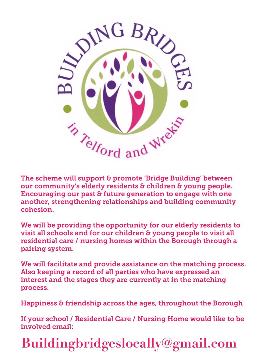 BridgesLocally's tweet photo. @TandWMayor &amp; @evmoregirl  have launched a new project 

‘Building Bridges’ with our local Eldery, Children &amp; Young People  

Pairing schools with local residential care/Nursing Homes, encouraging friendships/visits/ activities

Please contact
buildingbridgeslocally@gmail.com https://t.co/OOKnbH3kjD