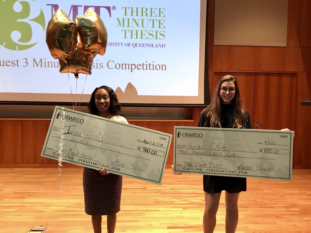 sunyoswego's tweet photo. Congratulations to the winners of our graduate studies 3-Minute Thesis competition at #OzQuest: Ishara Harris (left) of counseling and psychological services, first place; and Kimberly LaGatta of chemistry, second place and people’s choice award. Kudos to all the participants! https://t.co/K4UbDkKeaY