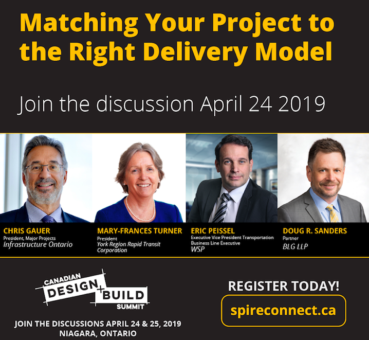 Don't miss <a href="/InfraOntario/">Infrastructure Ontario</a> <a href="/YorkRegionGovt/">York Region</a> <a href="/WSPCanada/">WSP Canada</a> and <a href="/BLGLaw/">BLG</a> discussing the 'how to' of choosing the right delivery model for your build.