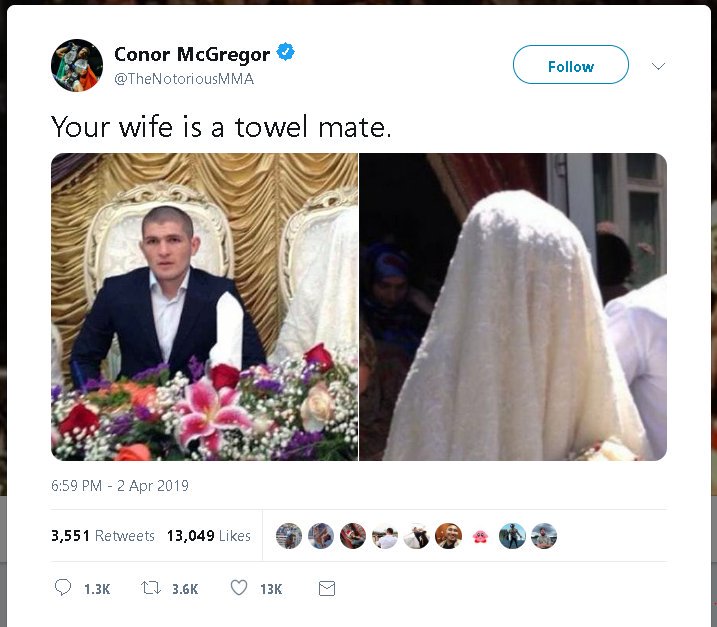 submissionmma's tweet photo. This is the tweet that has now been deleted from Conor.  It was in response to Khabib saying that... “Conor acts like a jealous wife who says ‘I will leave’ all the time but then comes back.”

What do you think? Funny? Too far? #submissionmma #khabibnurmagomedov #ConorMcgregor https://t.co/idXnQd97sh