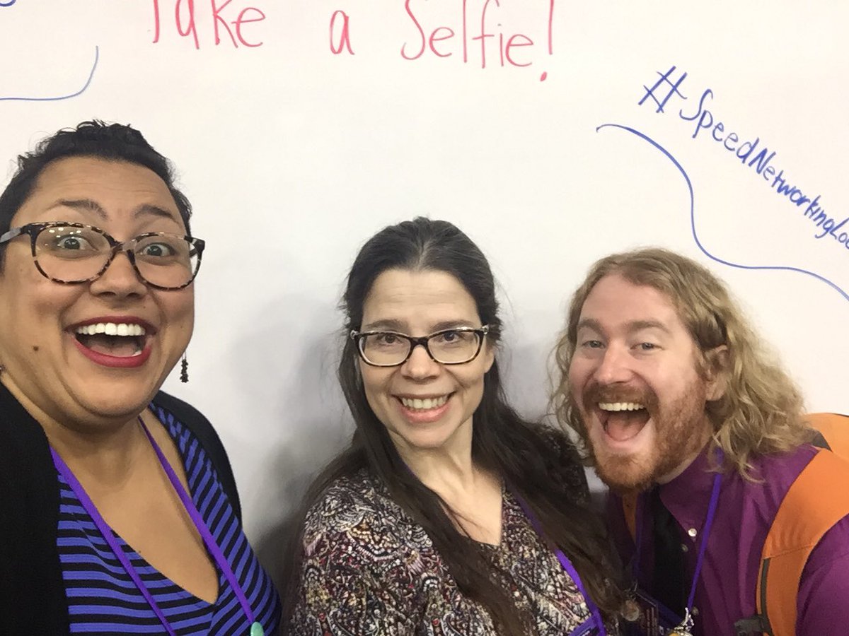 angelagunder's tweet photo. Got my first selfie at the #SpeedNetworkingLounge at #OLCInnovate with @KeeganSLW and new friend @alaska_knits (Not pictured: @nicknoel721) https://t.co/yJRHhLZZq6