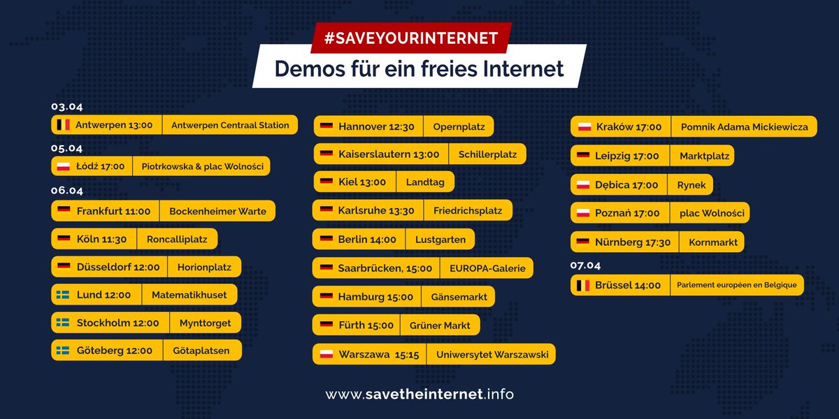#Artikel13Demo 2.0 Update! Weitere Städte werden bald aktualisiert! #Artikel13 #Uploadfilter #savetheinternet #SaveYourInternet Hinweis: Nicht alle Demos werden von uns veranstaltet! Savetheinternet.info/demos