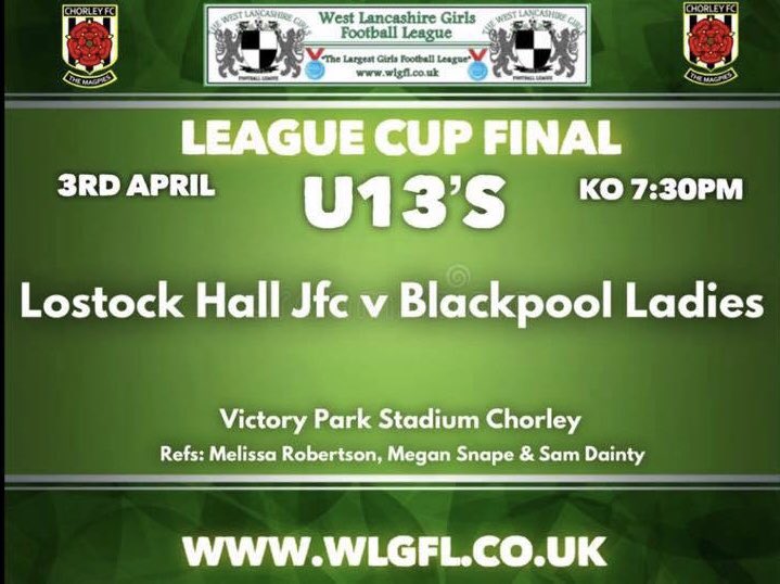 Lostock_HallJFC's tweet photo. Countdown to Kick Off...

@LHJFC_Girls are playing @BFC1887Ladies u13s this evening in the @WestLancsGirls League Cup Final at Victory Park, home of Chorley FC &amp; Chorley Women 

Please come along, show your support for both teams &amp; watch what has always been, a fantastic game!
🏆 https://t.co/BRLmIUx5Nf