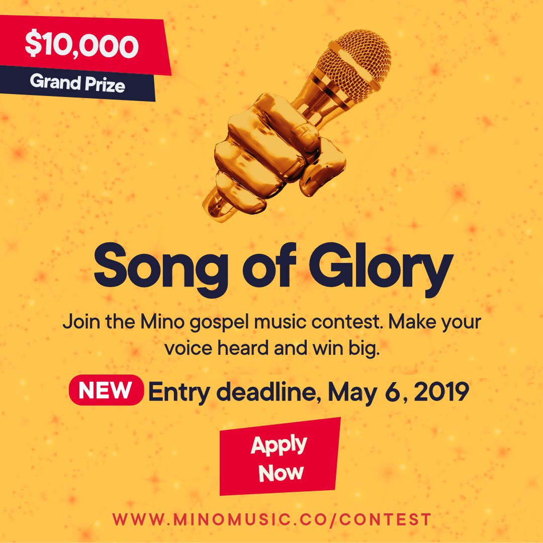 Entries for the <a href="/MinoMusicApp/">Mino Music</a> Song of Glory contest are still open till 6th of May 2019. You have the opportunity to reach listeners worldwide and win a grand prize of $10,000. Click the link for more info. minomusic.co/contest/ #SongofGloryContest