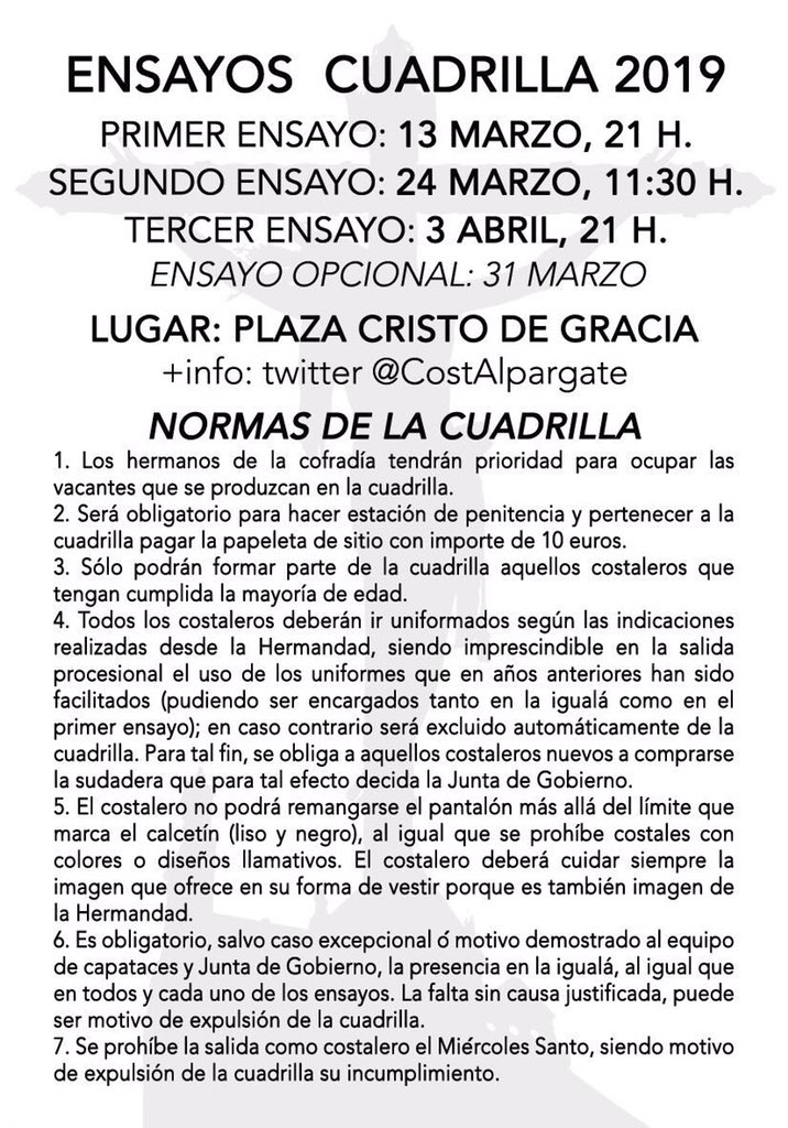 CostAlpargate's tweet photo. Hoy a las 21:30 horas tras el tercer día de Quinario en honor al Santísimo Cristo de Gracia, tercer ensayo de la cuadrilla de costaleros. Se ruega puntualidad. https://t.co/gLE6C6SWtw