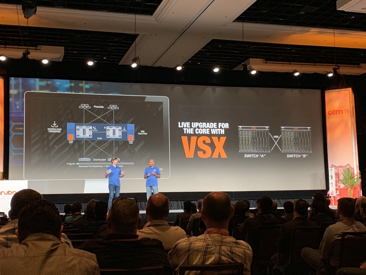 theITrebel's tweet photo. Can you upgrade your #networkcore with no #downtime? With @ArubaNetworks #AOSCX hardware such as the 8400, now you can! #ATM19 Flawless experience during the keynote upgrade with only TWO pings dropped. WOW! https://t.co/VhlzTcSdbL