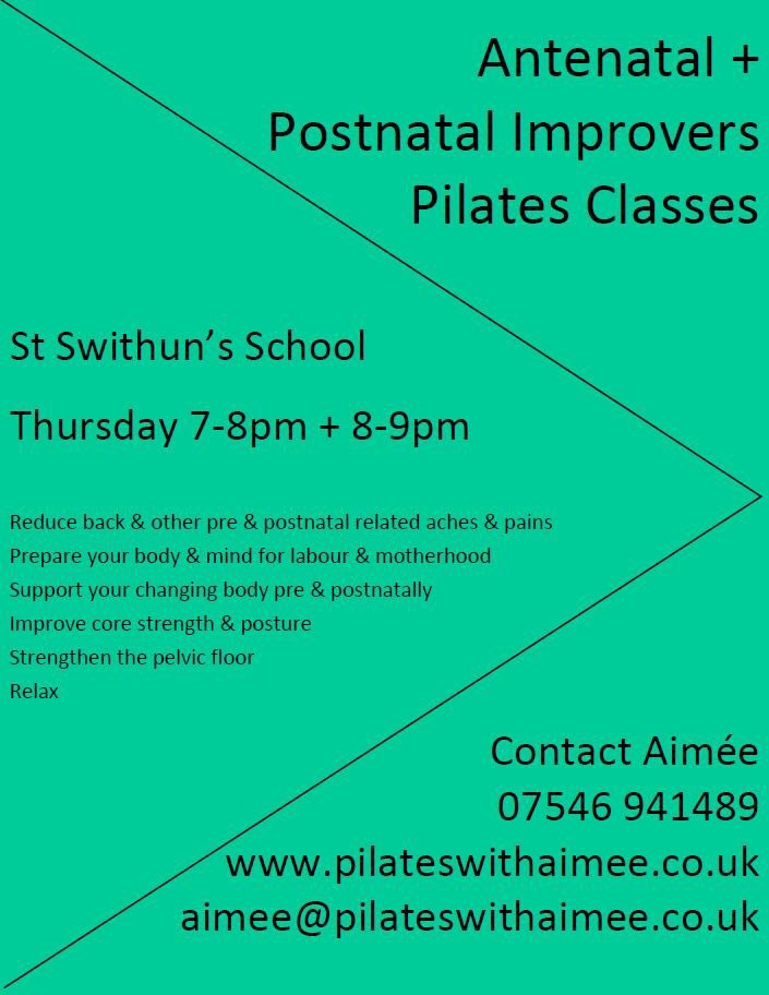 #antenatal + #postnatal improvers
#pilates classes at St Swithun’s School #winchester Thursday 7-8pm + 8-9pm

Contact Aimée
07546 941489
pilateswithaimee.co.uk
aimee@pilateswithaimee.co.uk