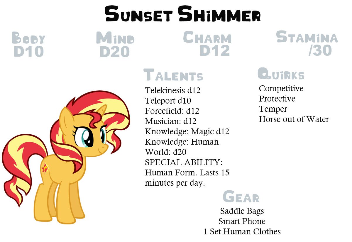 DCPandarage's tweet photo. Considering there's no official stats for #SunsetShimmer in #tailsofequestria, I whipped together a customer character sheet for the game I'm running @WhinnyCityPony Friday! Any ToE players are free to use this.
#mlp, #mlprpg, @RebeccaShoichet https://t.co/dTcRpJJk94