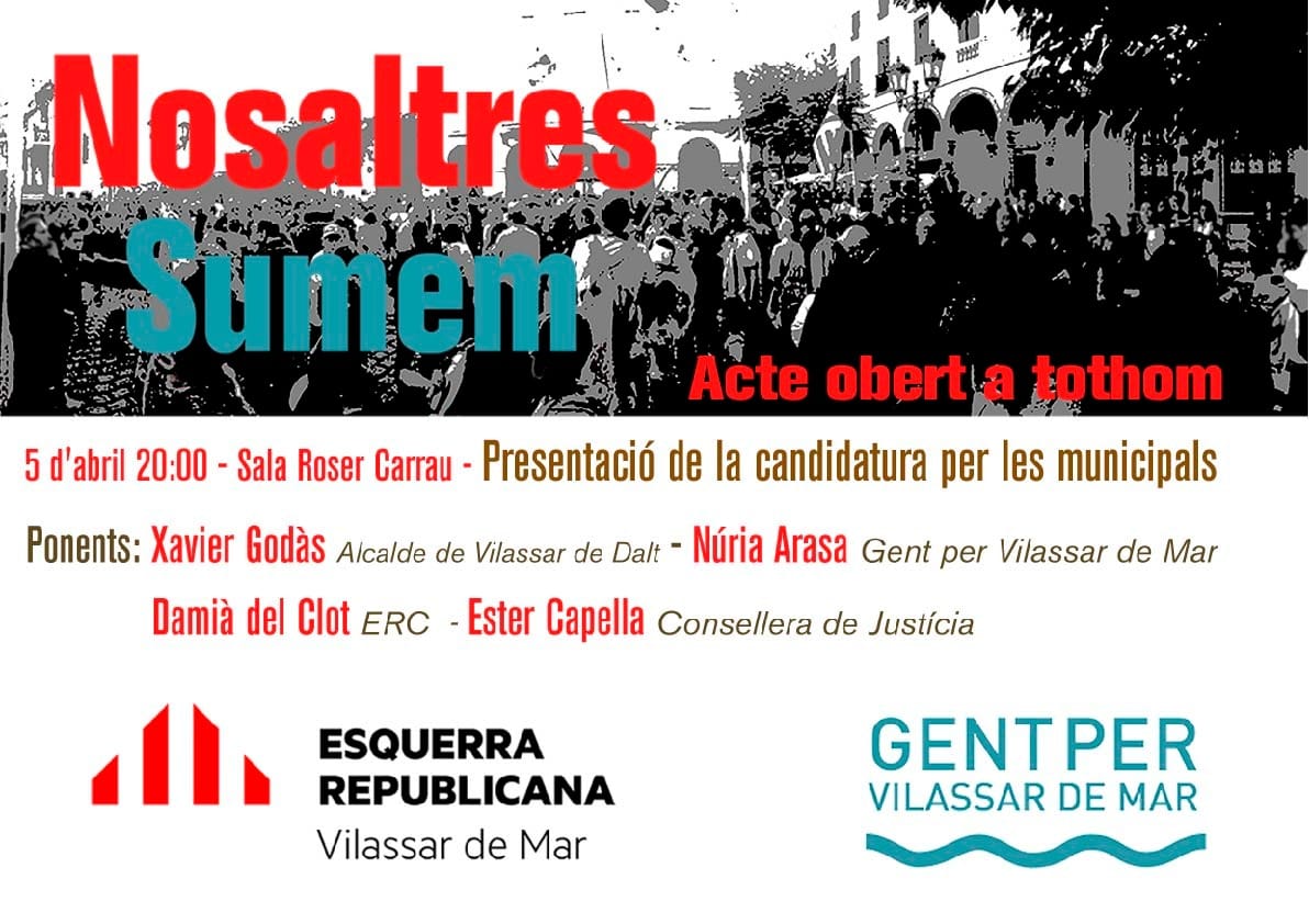 GentxVdM's tweet photo. Amb la força de la suma de les nostres idees, divendres 5 d’abril a les 20:00 presentem la candidatura de la coalició ERC Vilassar de Mar + Gent per Vilassar de Mar, que concorrerà a la properes eleccions. Us esperem a la Sala Roser Carrau. #NosaltresSumem
https://t.co/g8AxKYmLvV https://t.co/OQxsHCdupJ