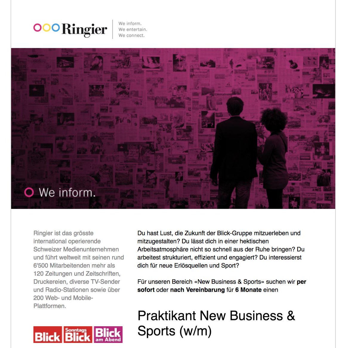 SvenRuoss's tweet photo. Willst du die Zukunft der Blick-Gruppe miterleben und aktiv mitgestalten? Interessierst du dich für neue Erlösquellen in den Medien und für Sport? Im Bereich «New Business &amp; Sports» suche ich einen smarten Praktikanten (m/w)
https://t.co/PDHSOIJBzc https://t.co/0LcA1anRny