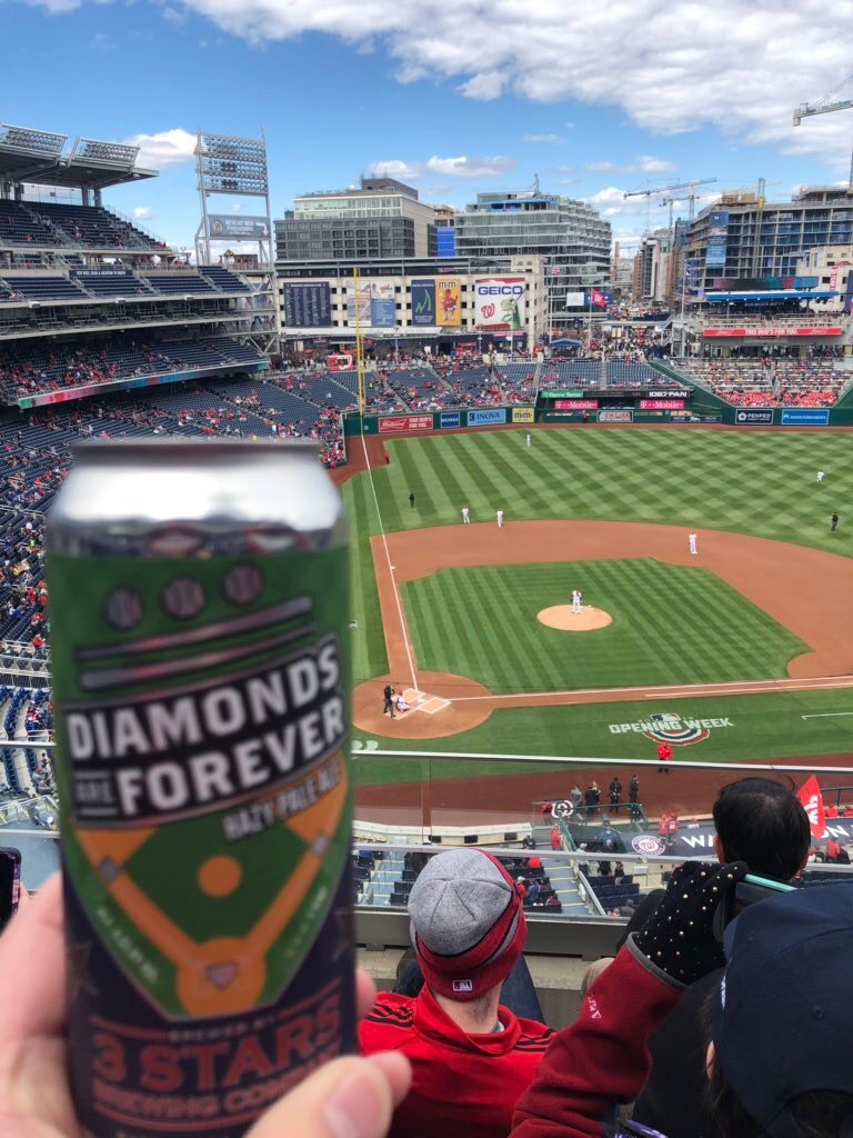 3starsbrewing's tweet photo. Beautiful day for a @Nationals game. Come root for the home team and #DrinkLocal. Find Citra Lemon Saison at the #DistrictDraft carts and seek out our new hazy pale ale, Diamonds Are Forever at the concessions and @ChikoFRC. #madeindc #acreativedc https://t.co/34m9j55EVx