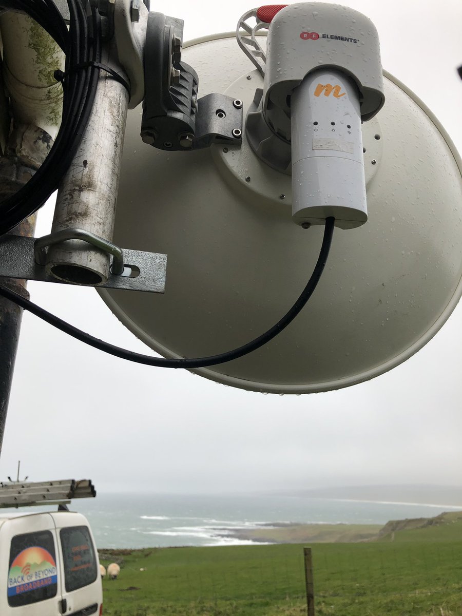 B0BBroadband's tweet photo. Field tests, literally! #BackofBeyondBroadband was on the #IsleofGigha in #Argyll A very wet and windy but successful day at the #BoBB office. A 30km #fixedwireless hop was made easy using the @GoMimosa #C5c with the @rfelements #ultradish Next stage, an actual mast. https://t.co/KWpOeDctsl