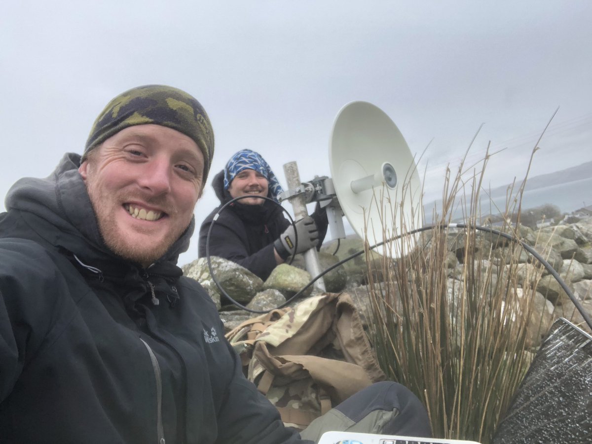 B0BBroadband's tweet photo. Field tests, literally! #BackofBeyondBroadband was on the #IsleofGigha in #Argyll A very wet and windy but successful day at the #BoBB office. A 30km #fixedwireless hop was made easy using the @GoMimosa #C5c with the @rfelements #ultradish Next stage, an actual mast. https://t.co/KWpOeDctsl