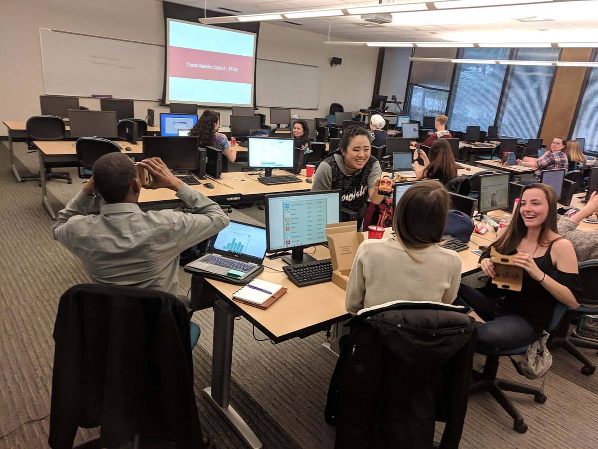 EricHougan's tweet photo. There is joy and fun in teaching. Here @CentralWashU teacher candidates play with @GoogleARVR Cardboard #VirtualReality, asking how this technology could be incorporated into our classrooms to enhance learning.  #edTech #VR https://t.co/vuXpjloGBM