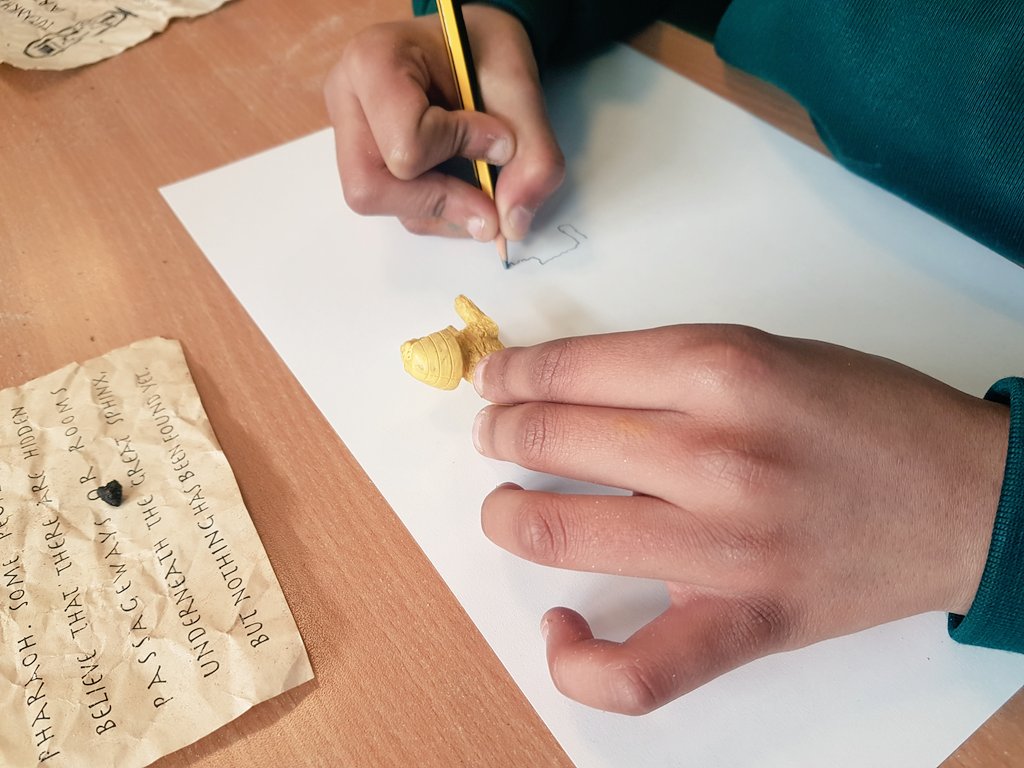 MissDlln's tweet photo. Year 4 had a fun filled Egyptian day today! Making headdresses, hieroglyphic bookmarks and pyramids. Then searching for artefacts and sketching their findings! @PennWoodSchool https://t.co/k598EJTV8k