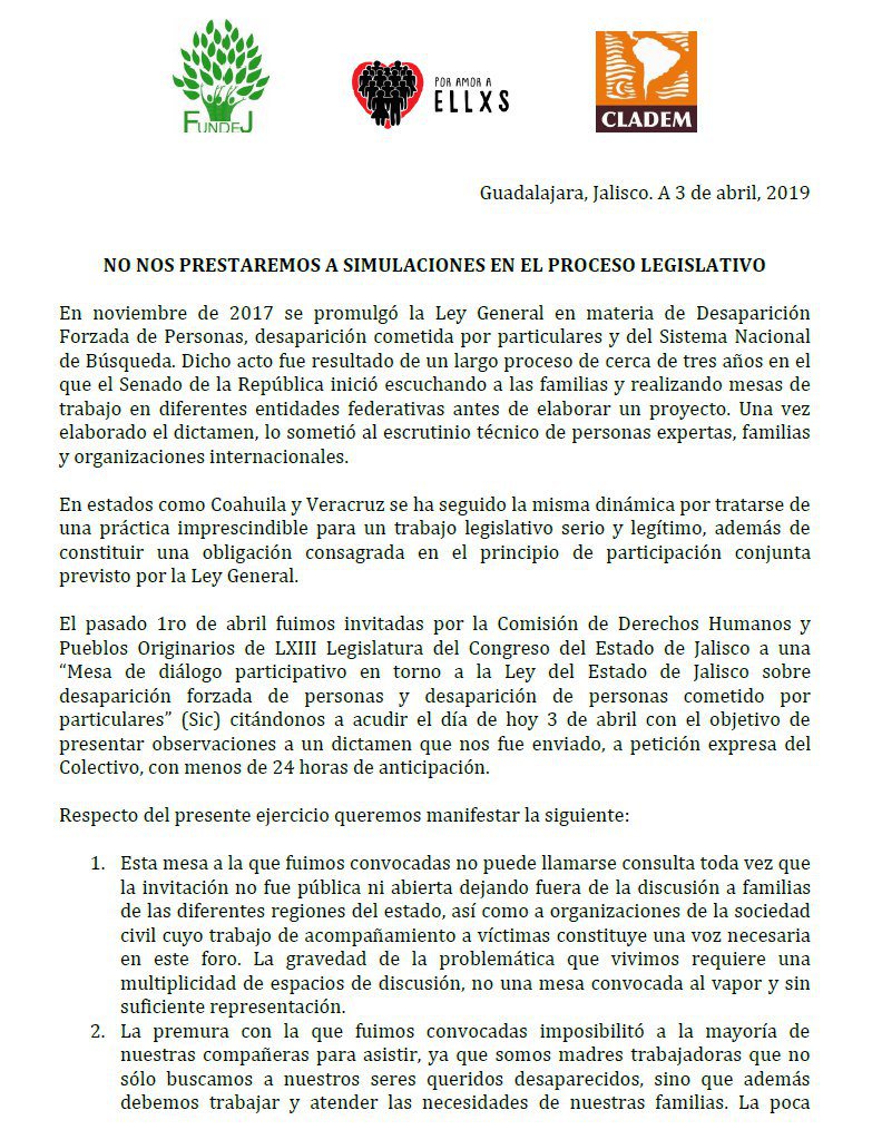 PorAmorAEllxs's tweet image. Rechazamos el ejercicio al que, con poco tiempo de anticipación, fuimos convocadas por la Comisión de Derechos Humanos del @LegislativoJal
No permitiremos simulaciones de "consulta y participación" en un tema tan relevante como la Ley de Desaparición
#SinLasFamiliasNo