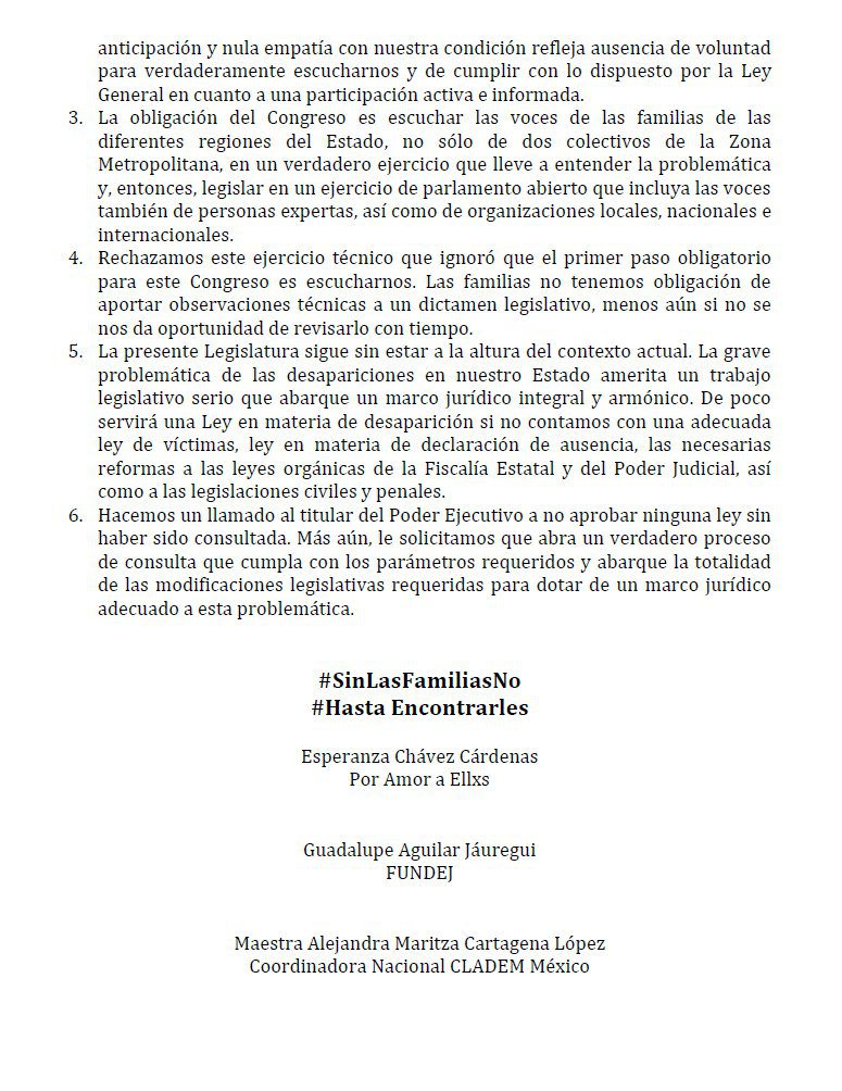 PorAmorAEllxs's tweet image. Rechazamos el ejercicio al que, con poco tiempo de anticipación, fuimos convocadas por la Comisión de Derechos Humanos del @LegislativoJal
No permitiremos simulaciones de "consulta y participación" en un tema tan relevante como la Ley de Desaparición
#SinLasFamiliasNo