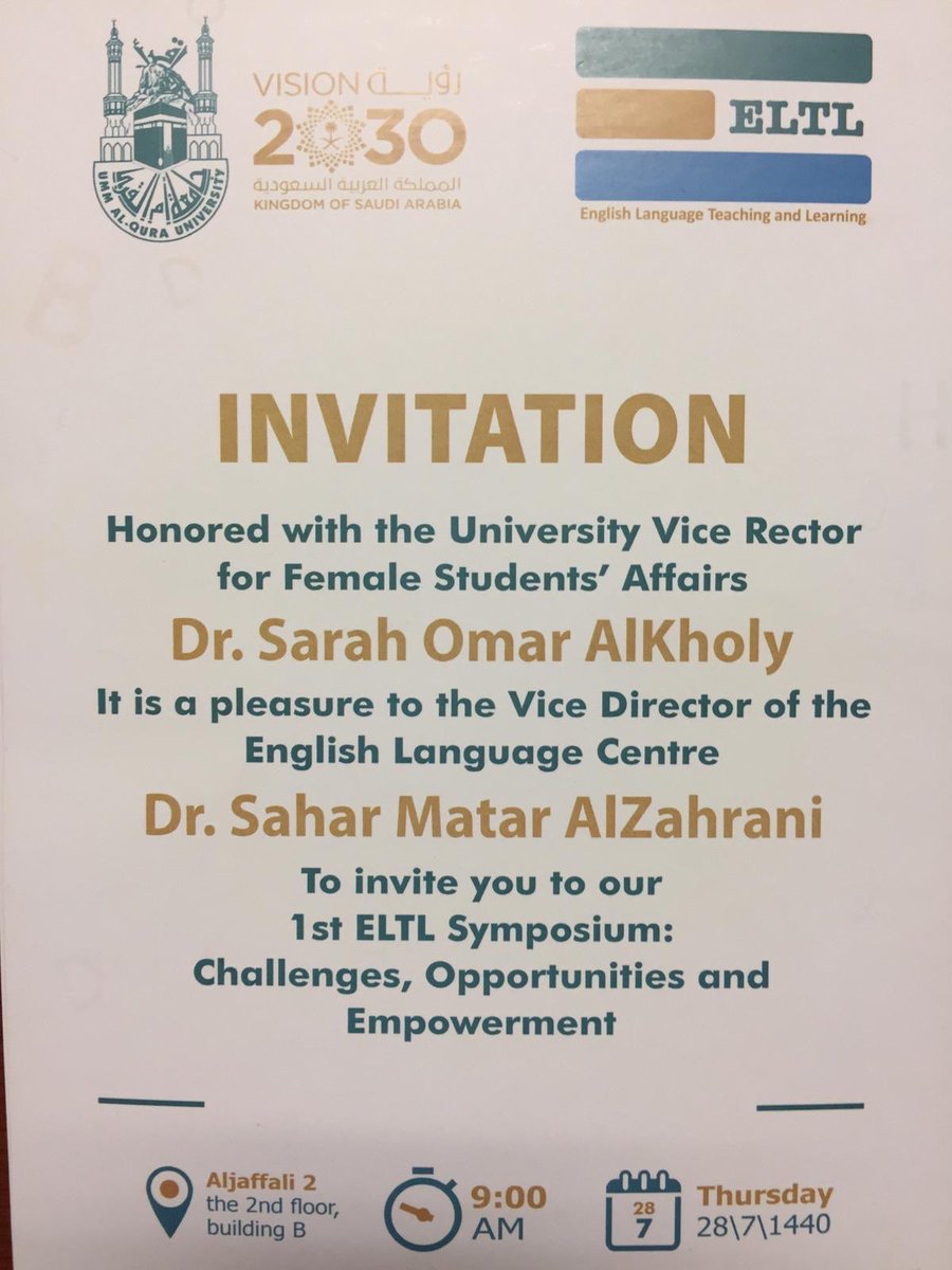 SaharCloud's tweet photo. It is our pleasure to announce our 1st ELTL symposium at the @elcuqu at @uqu_edu A symposium on English Language Teaching &amp; Learning. The theme for #ELTL2019 is “Challenges, Opportunities, and Empowerment”. https://t.co/22FwtlqwPy