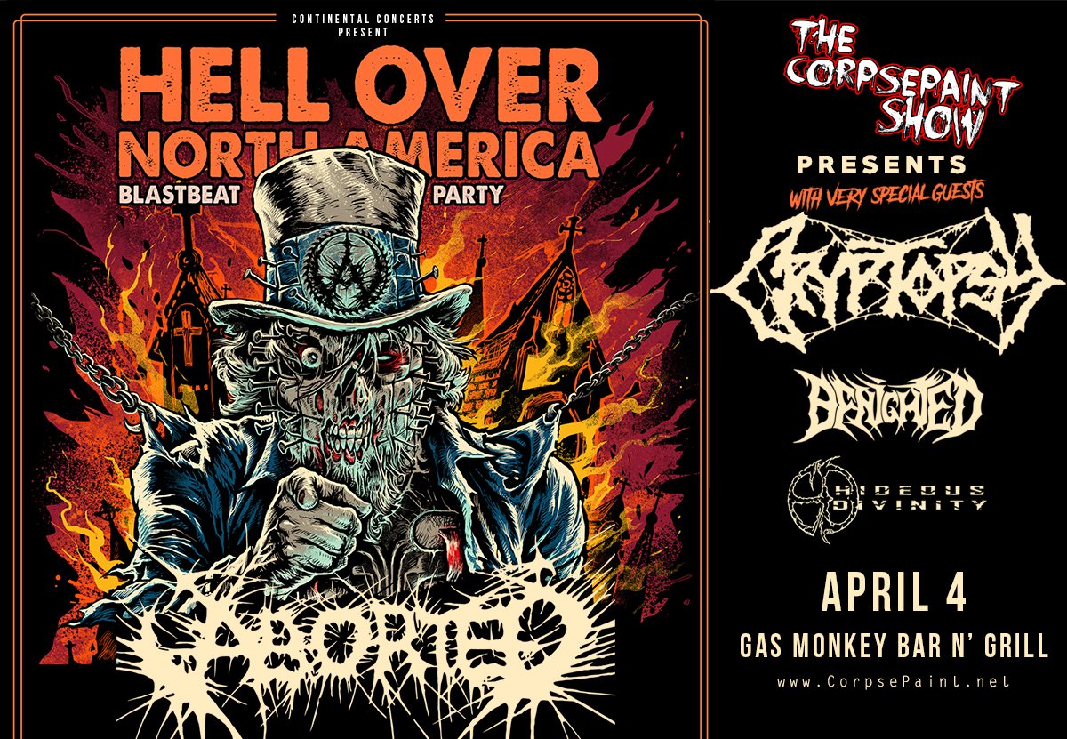 CorpsepaintShow's tweet photo. Crushing !! Farewell To Flesh !! International metal of the highest order  @abortedmetal @cryptopsyband @HideousDivinity &amp; Benighted ferociously fast blastbeat / brutal horror metal . Rarely does a lineup of this caliber and intensity steamroll through Dallas. @GMBG_GML April 4th https://t.co/Mg9x6werFP