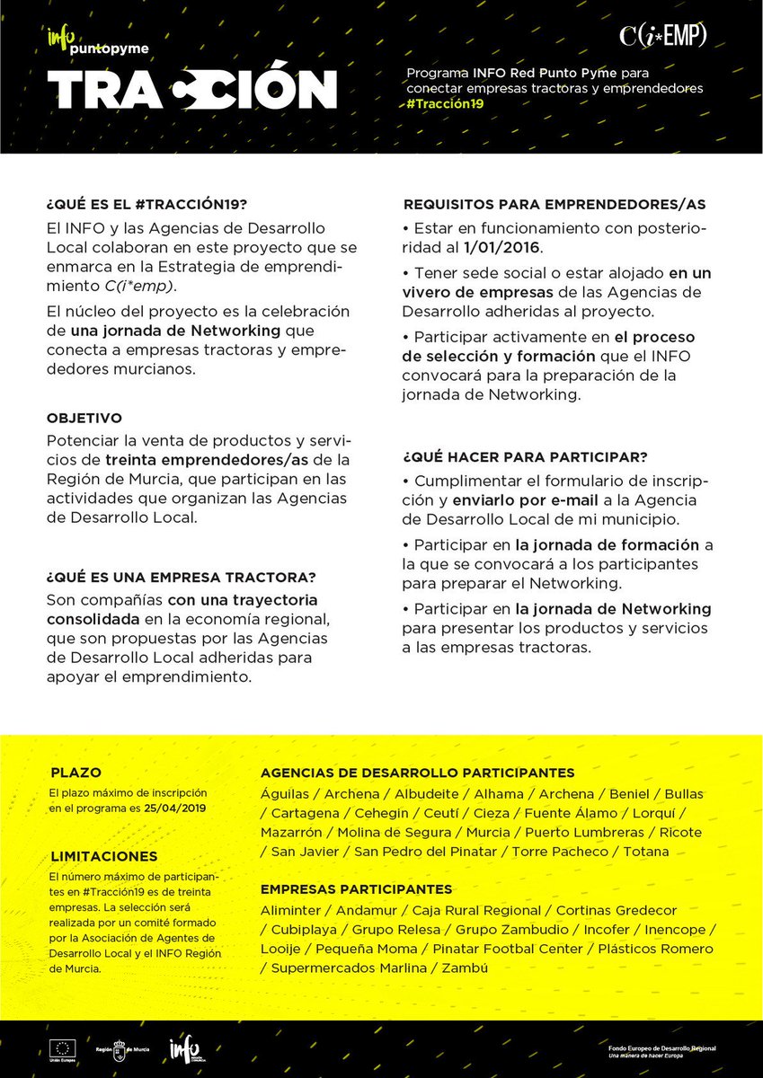 ArmadaAlvaro's tweet photo. Quieres participar en el programa #Tracción19 colaboración @infoRMurcia #ADLs #RedPuntoPyme ?

Podrás presentar tus productos y servicios a nuestras empresas tractoras.

Inscríbete rellenando el formulario https://t.co/2fyuxfa2u0 … https://t.co/1Te7MCOEe1