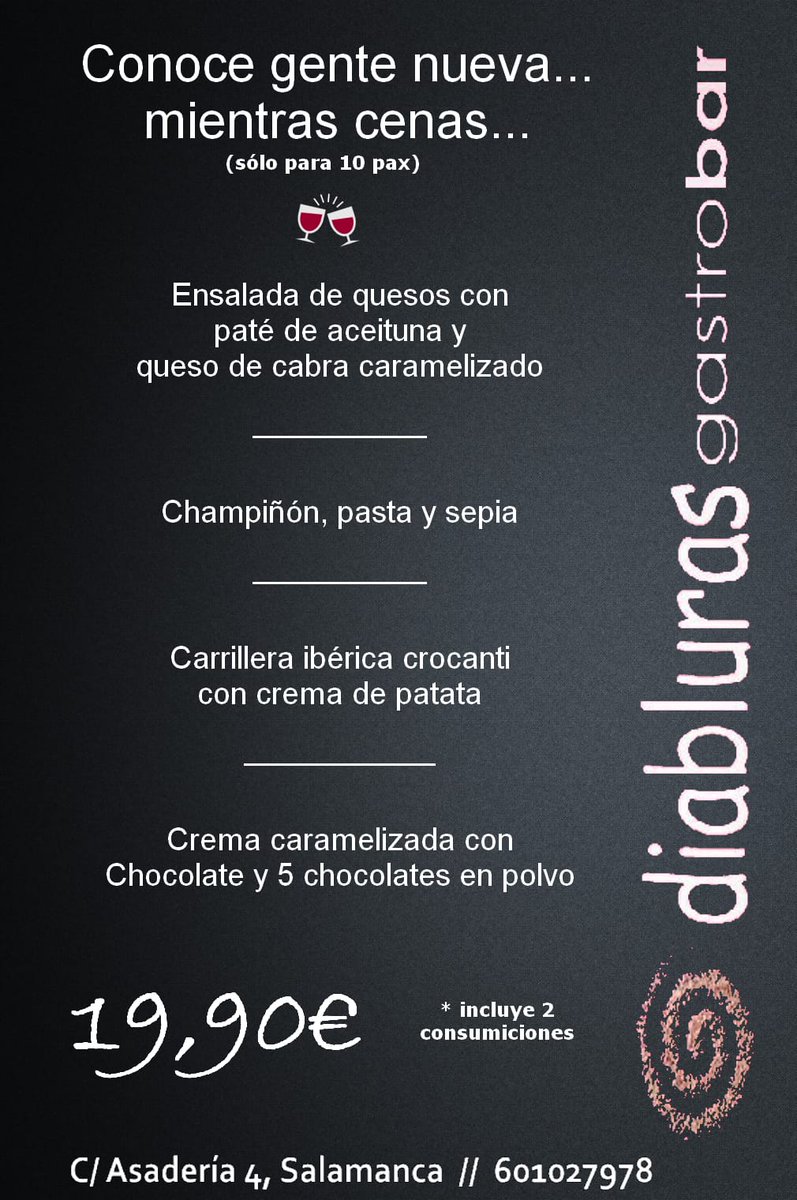 DiablurasGastro's tweet photo. ¿Sin planes para el Viernes?

Ven a cenar a Diabluras Gastrobar #Salamanca y conoce gente nueva mientras disfrutas de un delicioso menú   😋🍽️🍷🤗

Es sólo para 10 personas y quedan muy pocas plazas...
así que ‼️Reserva ya‼️ https://t.co/zE5oad9SjQ