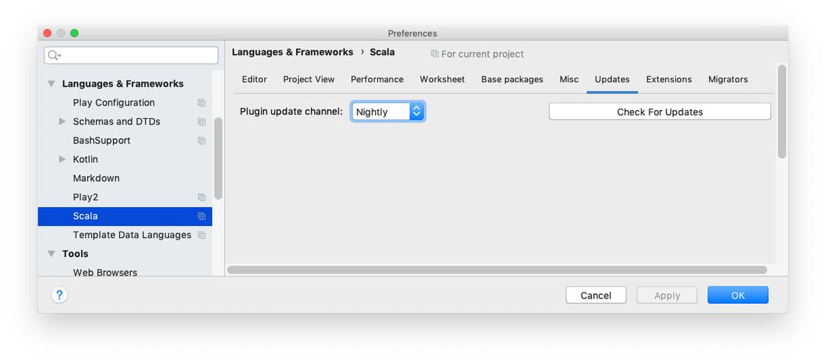 IntelliJScala's tweet image. Btw, the easy way to upgrade to EAP or Nightly releases automatically is to choose the upgrade channel in Preferences | Languages &amp;amp; Frameworks | Scala | Updates