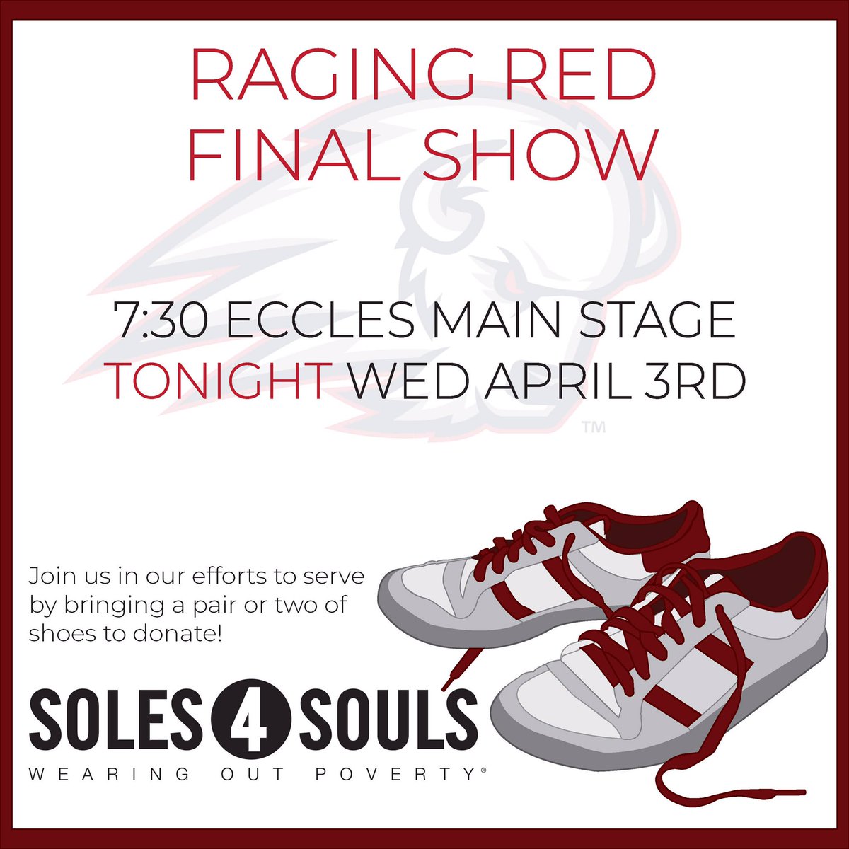 ragingreddsu's tweet photo. Don’t forget! Our Final Show is tonight at 7:30! It will be amazing! Free admissions, but if you have shoes you can donate bring those as well! Can’t wait to see all of you!  #ragingred #dsu #finalshow #soles4souls #dontmissit https://t.co/X2j23X9s93