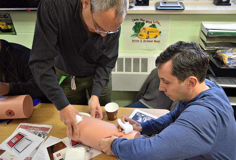 “Stop the Bleed” training for school personnel, lead by Andrew Haber, EMS captain for the Slate Hill Fire District and Wawayanda Fire Department. OPL hosted trainings reaching 96 district employees including admins, faculty, staff, transportation and security! Thanks, Mr. Haber!