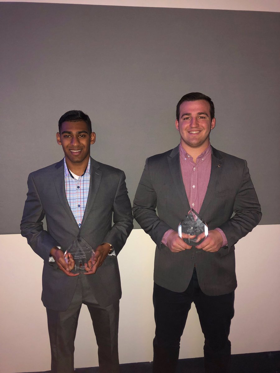 KappaSigmaODU's tweet photo. This past weekend 2 of our brothers were honored at the FSL Awards! Brother @BrianGarlington won Fraternity &amp; Sorority Life Senior of the year and Brother @AaronNaraine took home Philanthropy Event of the year for the Kappa Sigma Car Show! Congrats boys, we’re all so proud #AEKΔB https://t.co/tV7deCGVet