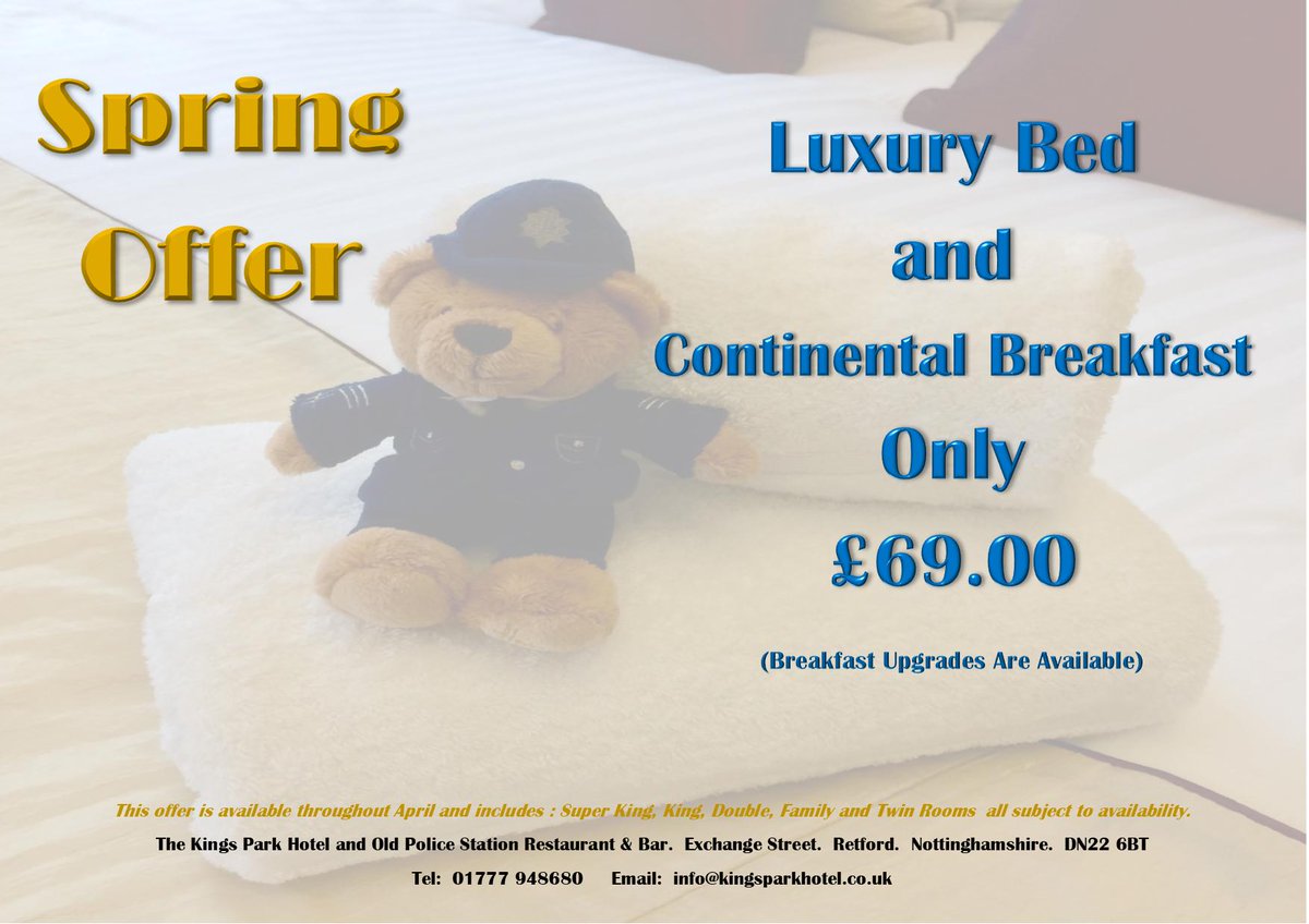 kings_old's tweet photo. In celebration of #EnglishTourismWeek19 we are offering a special deal this week and for the remainder of April ! 

#weloveretford #visitnotts #explorenotts #luxuryrooms #innorthnotts #lovenorthnotts #bassetlaw #kingsparkhotelretford #oldpolicestation https://t.co/4BomXHDiuq
