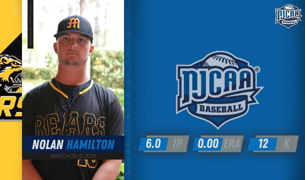 NJCAABaseball's tweet image. Striking out half of all batters faced on Friday, Mott's Nolan Hamilton didn't allow any hits or runs to collect his first 🇼 of the season and the latest #NJCAABaseball DII Pitcher of the Week honor!

#NJCAAPOTW
