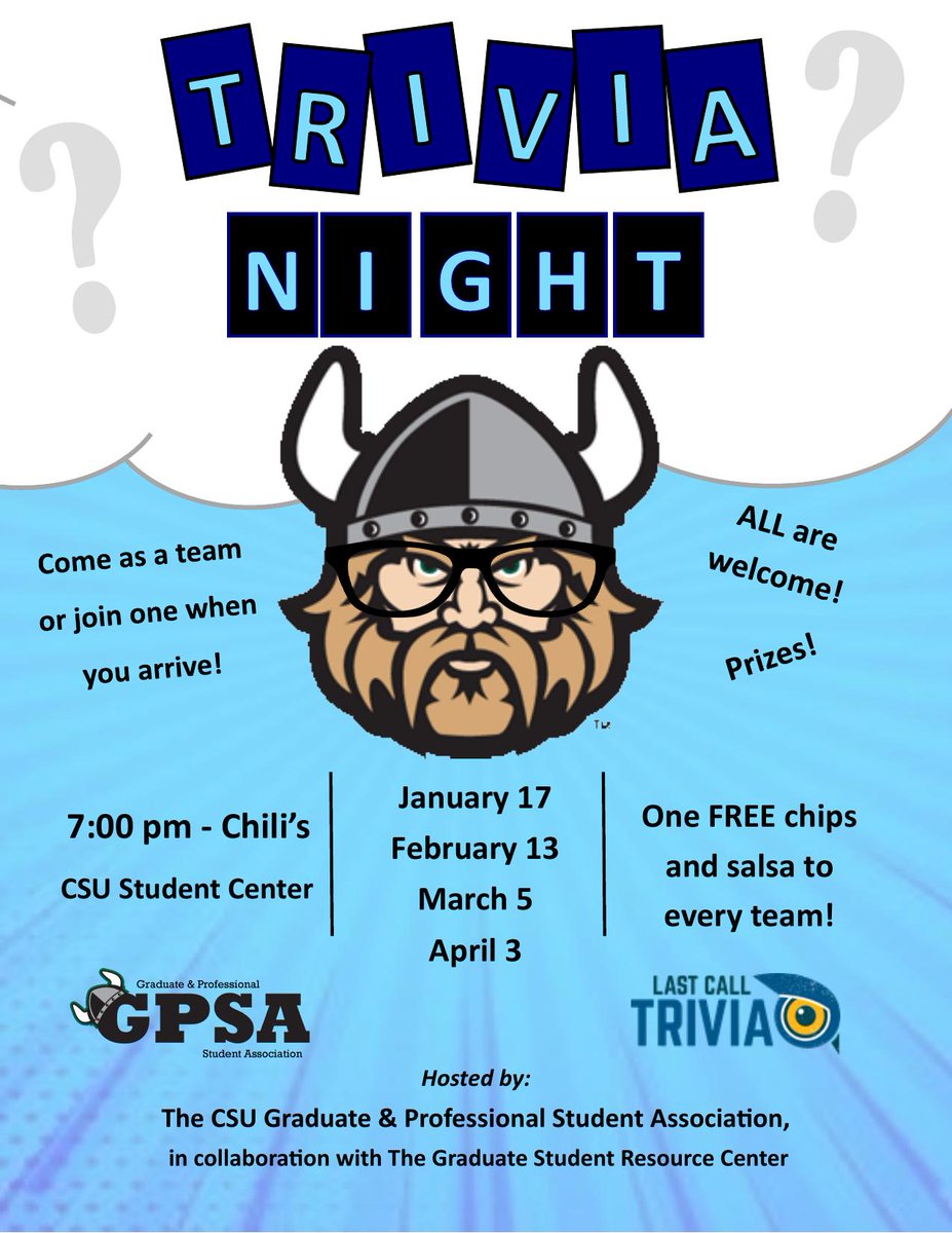 CSU_GradLife's tweet photo. Join us tonight at 7 PM for Students vs. Faculty Trivia Night at @ChilisCSU 🌶️ in the Student Center! ALL @CLE_State students are invited to play as part of #CSUGradWeek, with questions and prizes by @LastCallTrivia. One free chips &amp; salsa provided to every team too! 🏆 https://t.co/HcWRiVh7Gn