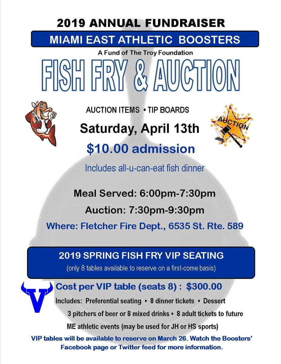 MEAthlBoosters's tweet photo. We have only a few more VIP tables for the April 13th Fish Fry/Auction at the Fletcher Firehouse.  Includes 8 admission tickets, limited number of free drinks, a special dessert, and 8 tickets to a future athletic contest of your choosing. Message here or our Facebook page https://t.co/5XU3BxqFKW