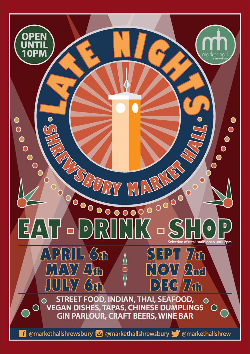 markethallshrew's tweet photo. Only 3 days to go until Saturday April 6 and our first fab Late Night of 2019. Tasty street food, cool cafes and bars and a selection of unique retail stalls open until 10pm. https://t.co/4sQp5kvgU1