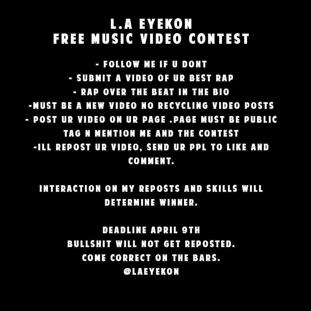 1901ENT's tweet photo. Reposted from @laeyekon - 1 min or less video. Beat in bio.
Easy rules.l.a_raider_13 - #regrann
#hiphop #hiphopmusic #rap #rapper #rappers #rapmusic #rapmusicvideo #musicvideo #youtube #youtuber #insragram #twitter #freemusicvideo #contest #freelaeyekonvideo https://t.co/XL5BGfNeJW