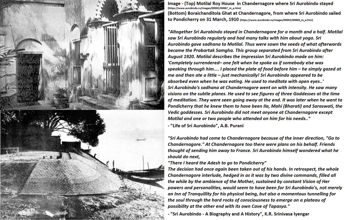 57) 2nd Ādeśa—'Go To Pondicherry', To Calcutta: #SriAurobindo stayed in Chandernagore till 31 Mar, His sadhana continuing amidst the turmoil.On receiving the 2nd command He reached Calcutta on 01 Apr, from there He sailed to Pondicherry, the Grace protecting Him all the while: