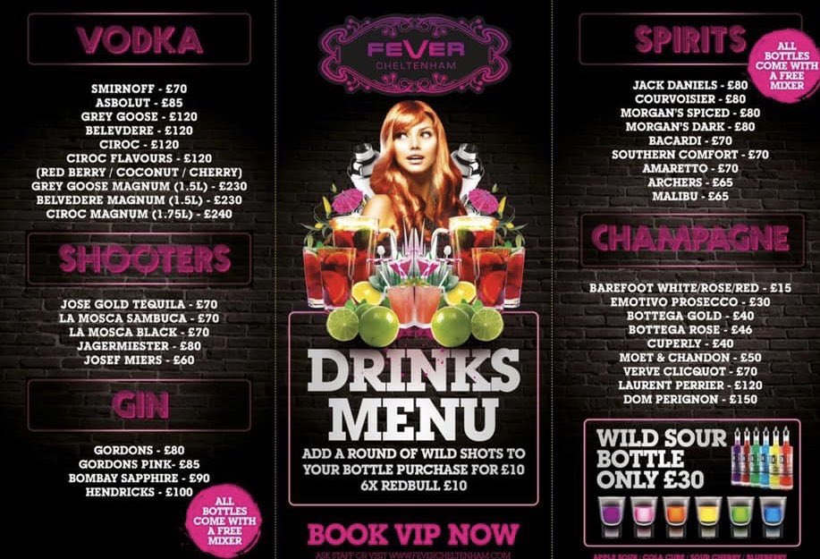 Want to party VIP Style this weekend? 💫 All booths include...
🍾Alcohol package of your choice
🍹Complimentary mixers of your choice
👠Designated booth for your stay)
💃🏼Dedicated host/hostess service to attend to your every need all night ⌨️Email;
brogan@fevercheltenham.com